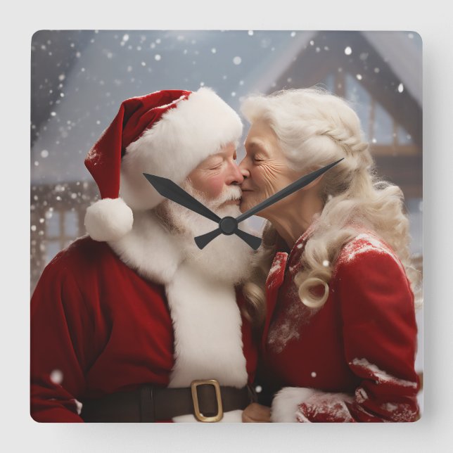 Kissing Mr and Mrs Santa Claus Square Wall Clock (Front)