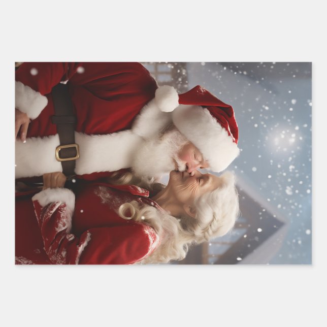 Kissing Mr and Mrs Santa Claus Wrapping Paper Sheet (Front)