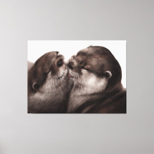 Kissing Otters - Hand Painted Wildlife Art Canvas Print