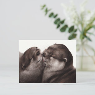 Kissing Otters - Hand Painted Wildlife Art Postcard