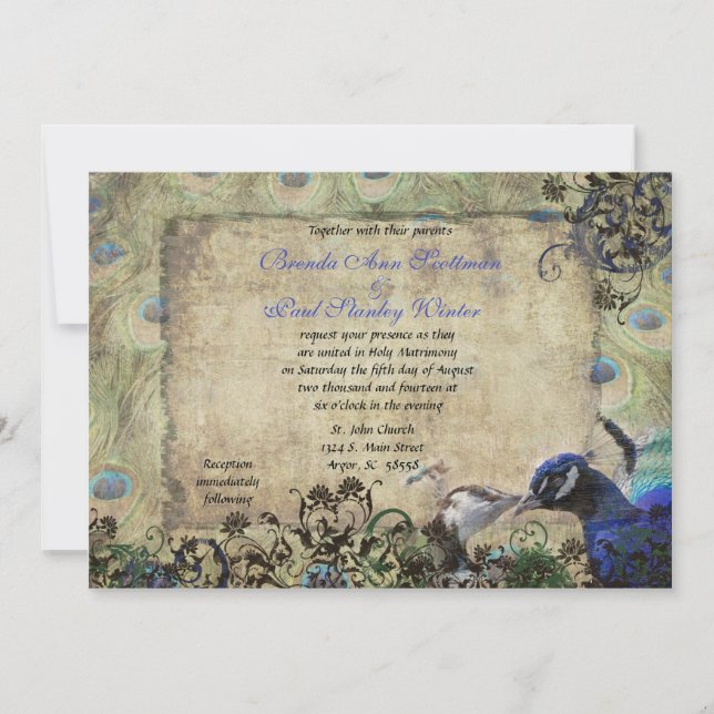 Kissing Peacock Vintage Wedding Invitation (Front)