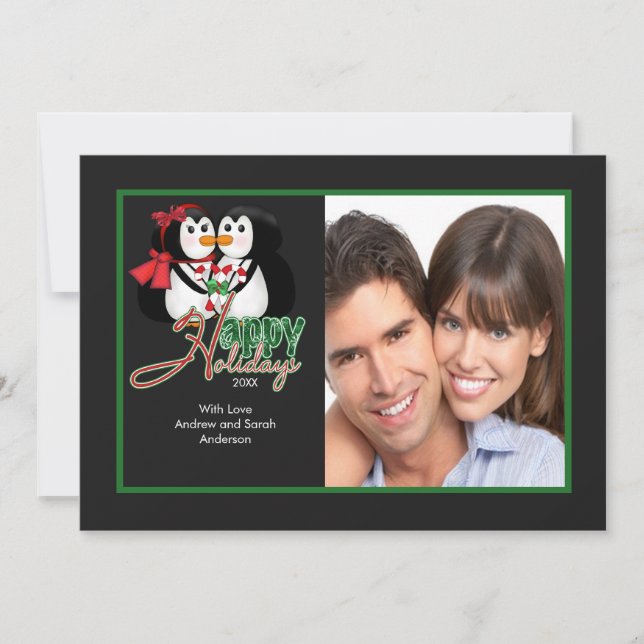 Kissing Penguin Happy Holidays Flat Photo Card (Front)