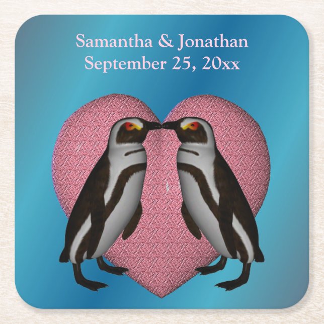 Kissing Penguins Cute Personalised Wedding  Square Paper Coaster (Front)