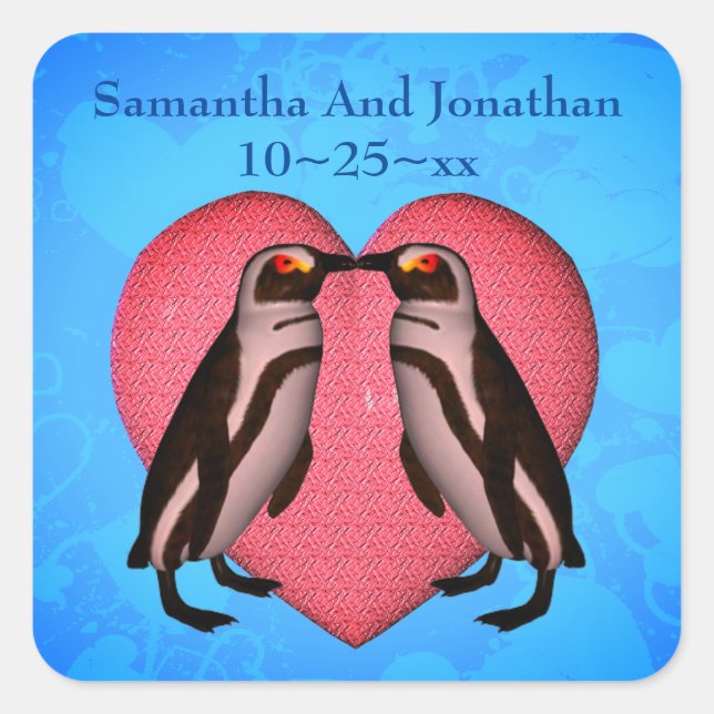Kissing Penguins Heart Personalised Wedding  Square Sticker (Front)