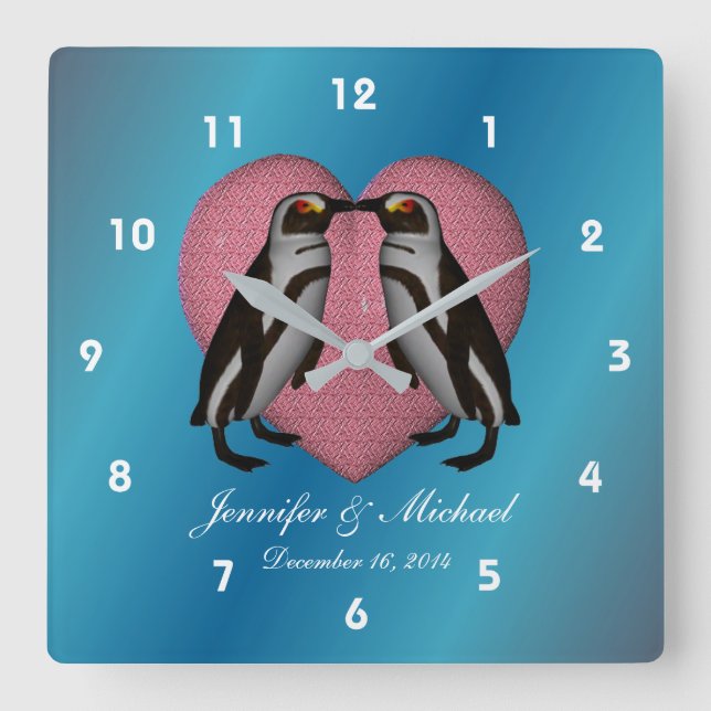Kissing Penguins Pink Heart Personalised Wedding Square Wall Clock (Front)