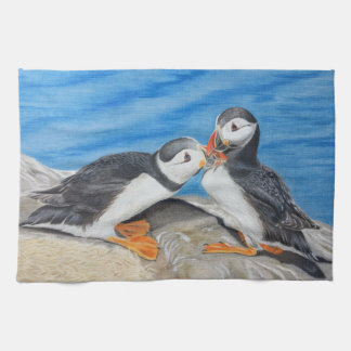 Kissing Puffins Tea Towel