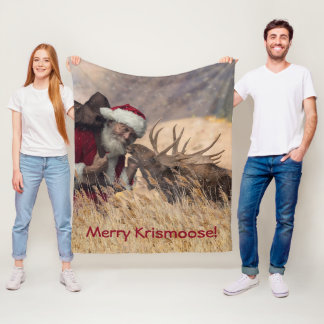 Kissing Santa and Moose Fleece Blanket
