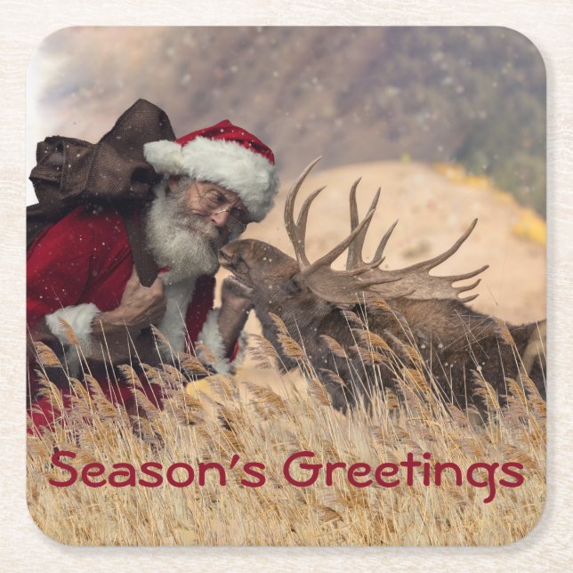 Kissing Santa and Moose Paper Coaster (Front)
