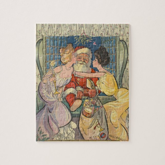 Kissing Santa Claus Vintage Christmas Jigsaw Puzzle (Vertical)