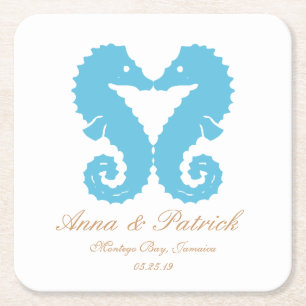 Kissing Seahorses-Destination Beach Wedding Favour Square Paper Coaster