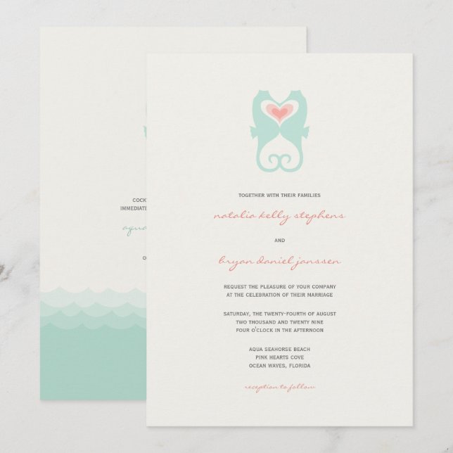Kissing Seahorses Love Hearts Beach Summer Wedding Invitation (Front/Back)