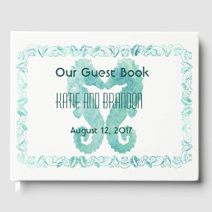 Kissing Seahorses Wedding Guest Book Turquoise