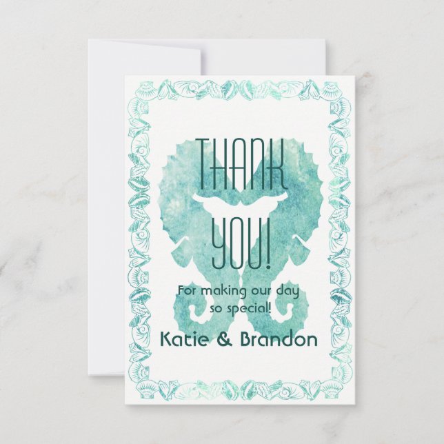 Kissing Seahorses Wedding Thank You in Turquoise Card (Front)