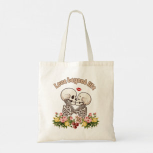 Kissing Skeletion couple with Floral Gothic Tote Bag