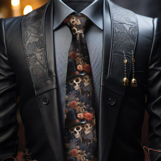 Kissing Skeletons, Blush Pink Roses Gothic Wedding Tie