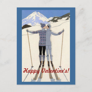 Kissing skiers couple - Happy Valentine's Holiday Postcard