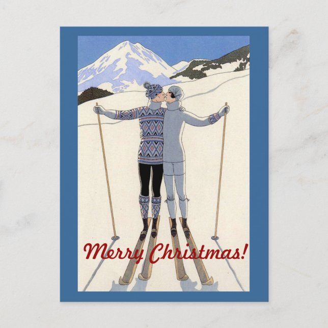 Kissing skiers couple - merry christmas holiday postcard (Front)