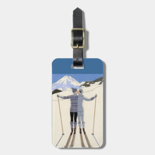 kissing skiers - vintage travel poster luggage tag