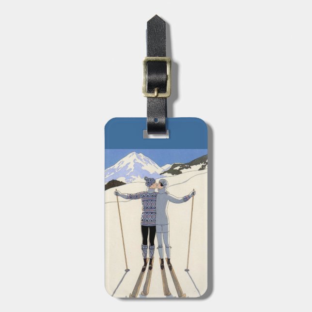 kissing skiers - vintage travel poster luggage tag (Front Vertical)