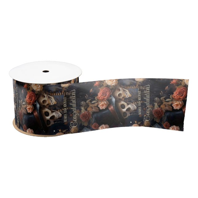 Kissing Skulls Dark Floral Romantic Macabre Gothic Satin Ribbon (Spool)