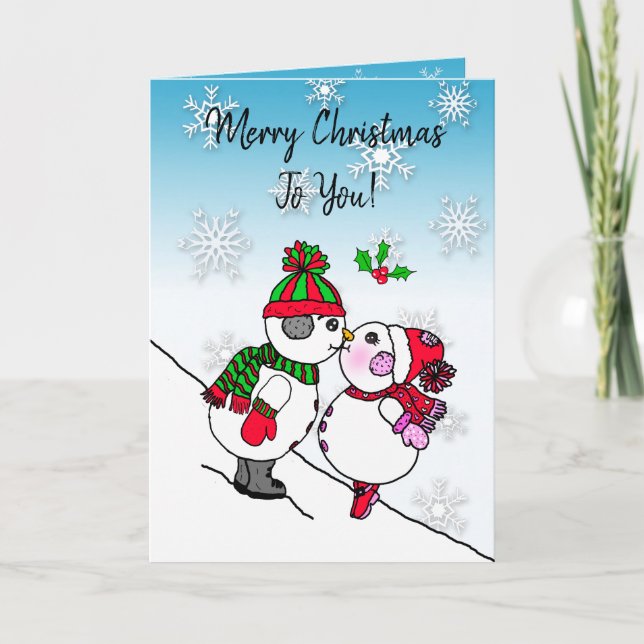 Kissing Snowman and Snowwoman under the Mistletoe Card (Front)