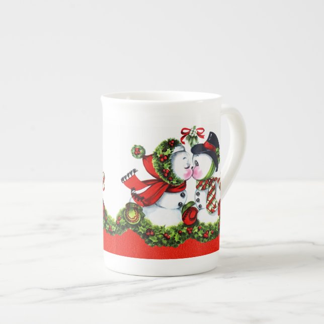 Kissing Snowman Couple Bone China Mug (Front Right)