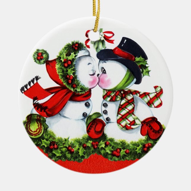 Kissing Snowman Couple Ceramic Tree Decoration (Front)