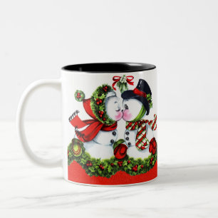 Kissing Snowman Couple Two-Tone Coffee Mug