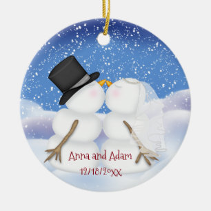 Kissing Snowmen Bride and Groom Ceramic Tree Decoration