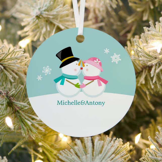 Kissing Snowmen Christmas Metal Tree Decoration (Insitu)