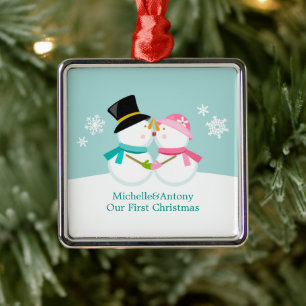 Kissing Snowmen Christmas Metal Tree Decoration