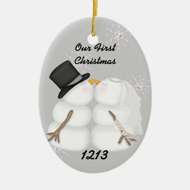 Kissing Snowmen Married Our 1st Chrismas Snowflake Ceramic Tree Decoration (Front)
