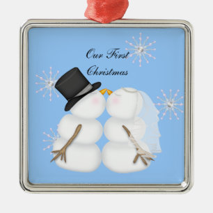 Kissing Snowmen Married Our First Chrismas Snowfla Metal Tree Decoration