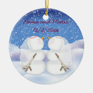 Kissing Snowmen two Brides Ceramic Tree Decoration