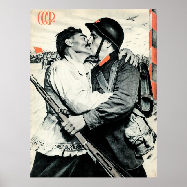 Kissing Soviet Soldier | Vintage USSR Propaganda P Poster (Front)