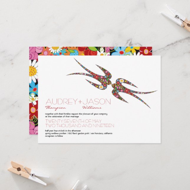 Kissing Swallows & Colourful Spring Flowers Weddin Invitation (Front/Back In Situ)