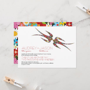 Kissing Swallows & Colourful Spring Flowers Weddin Invitation