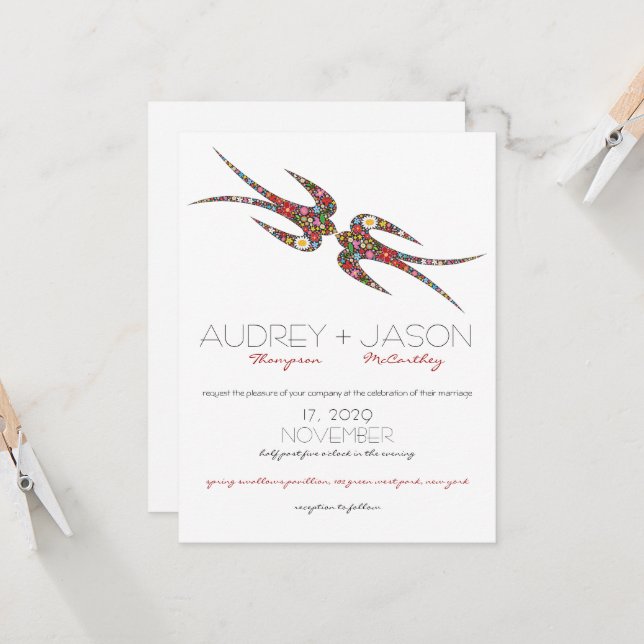 Kissing Swallows & Colourful Spring Flowers Weddin Invitation (Front/Back In Situ)