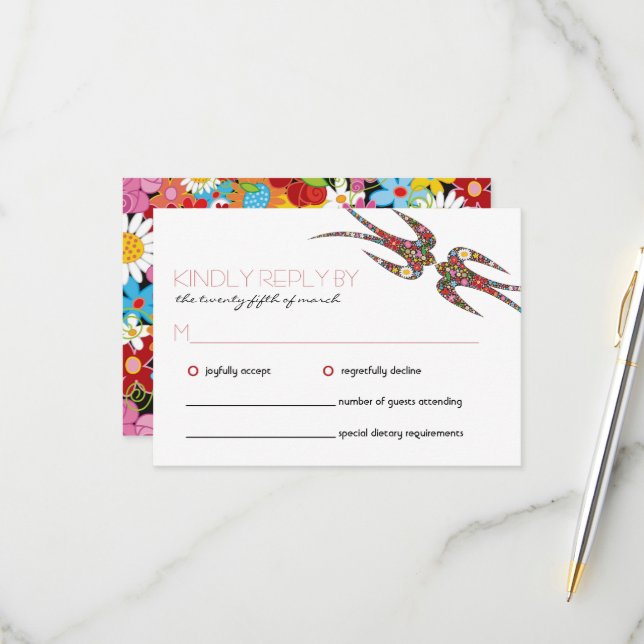 Kissing Swallows & Colourful Spring Flowers Weddin RSVP Card (Front/Back In Situ)