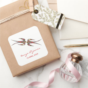 Kissing Swallows & Colourful Spring Flowers Weddin Square Sticker