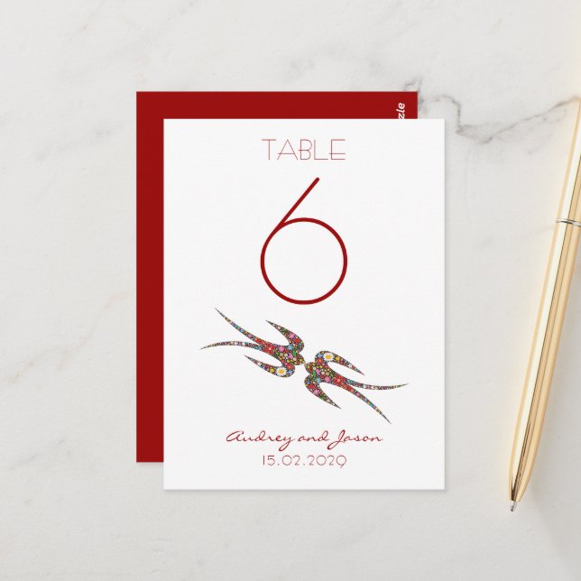 Kissing Swallows Spring Flowers Chic Table Number Postcard (Front/Back In Situ)