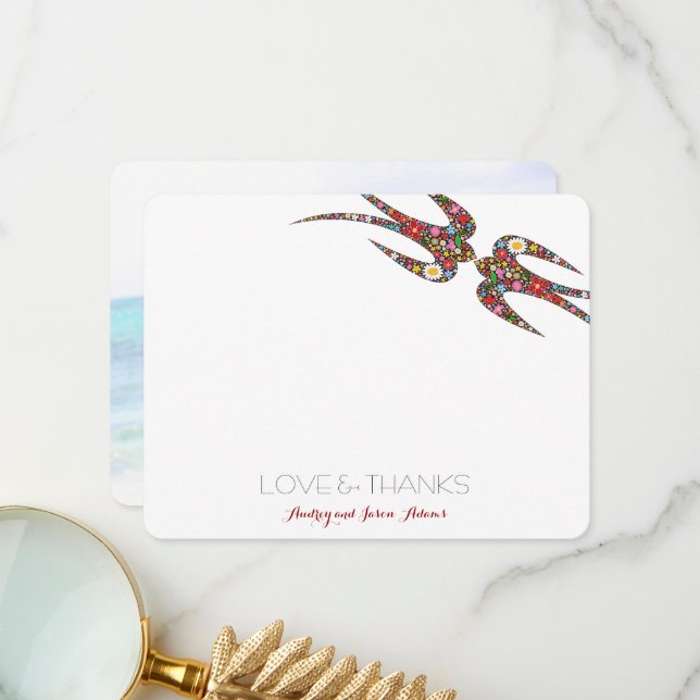 Kissing Swallows Spring Flowers Chic Wedding Photo Thank You Card (Front/Back In Situ)