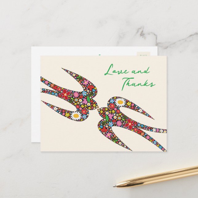 Kissing Swallows Spring Flowers Wedding Thank You Postcard (Front/Back In Situ)