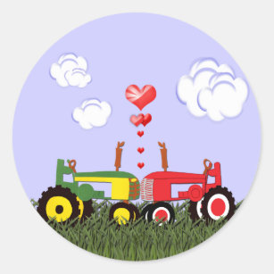 Kissing Tractors under Hearts Classic Round Sticker