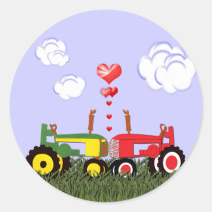 Kissing Tractors under Hearts Classic Round Sticker