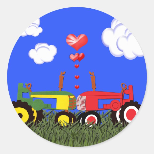 Kissing Tractors under Hearts Classic Round Sticker (Front)