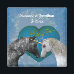 Kissing Unicorns Cute Personalised Wedding  Magnet<br><div class="desc">Mystical black unicorn kissing a lovely white unicorn on an elegant blue heart surrounded by sparkly blue lights and hearts save the date wedding announcement or favour magnet. Fill in your information in the template. Make more changes to text and font size, style, and colour by clicking on Customise. This...</div>