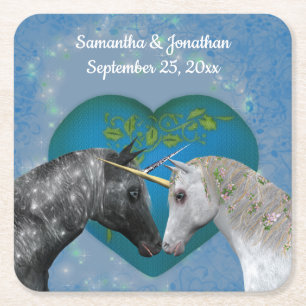 Kissing Unicorns Cute Personalized Wedding  Square Paper Coaster