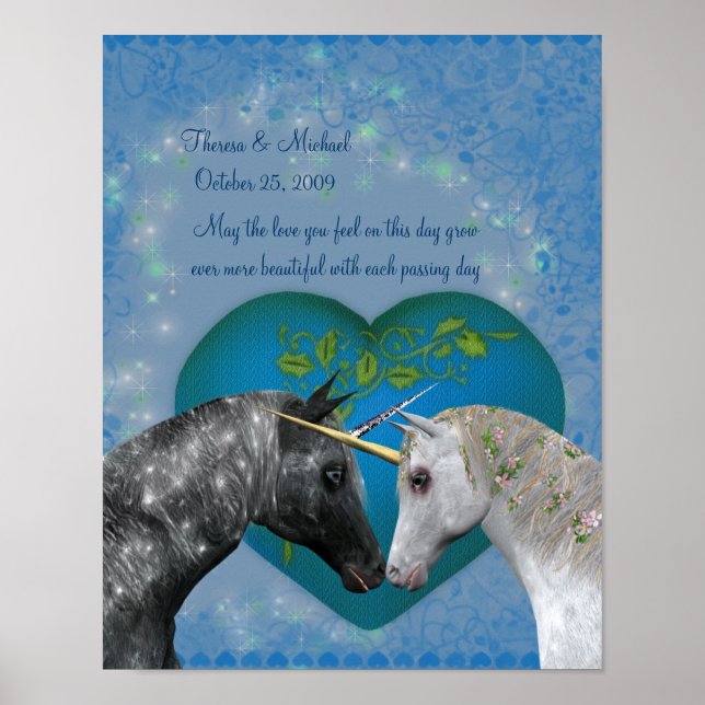 Kissing Unicorns Heart Personalized Wedding Poster (Front)