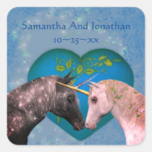 Kissing Unicorns Heart Wedding Personalised Square Sticker